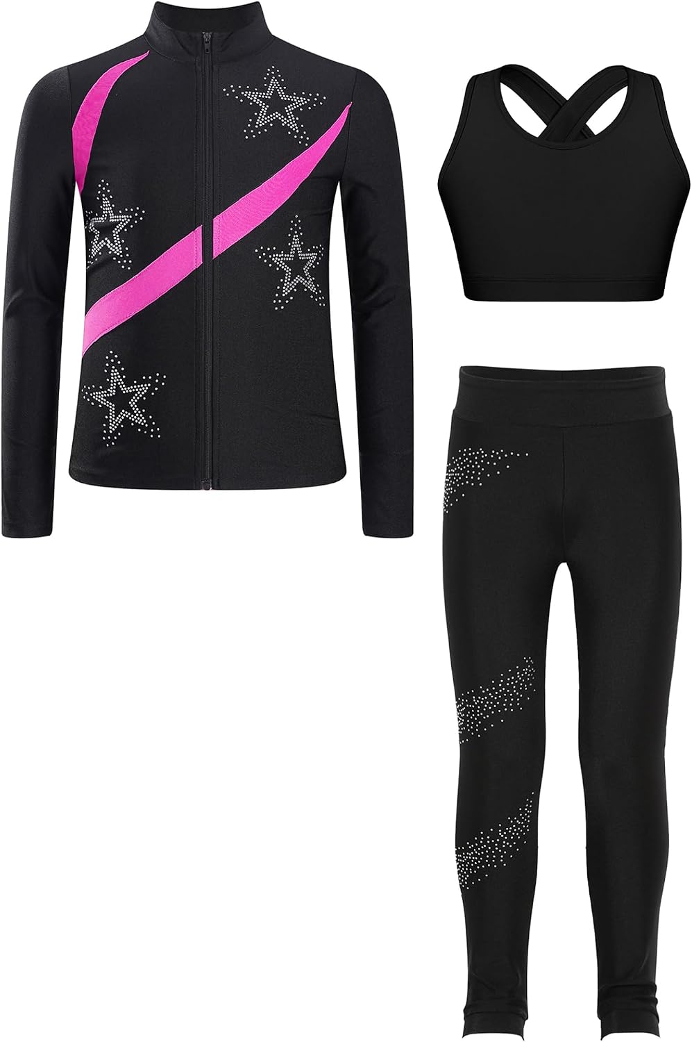 Jhaoyu Kids Girls Figure Skating Sports Costume Tracksuits Shiny Rhinestones Star Zipper Jackets Halter Top with Pants