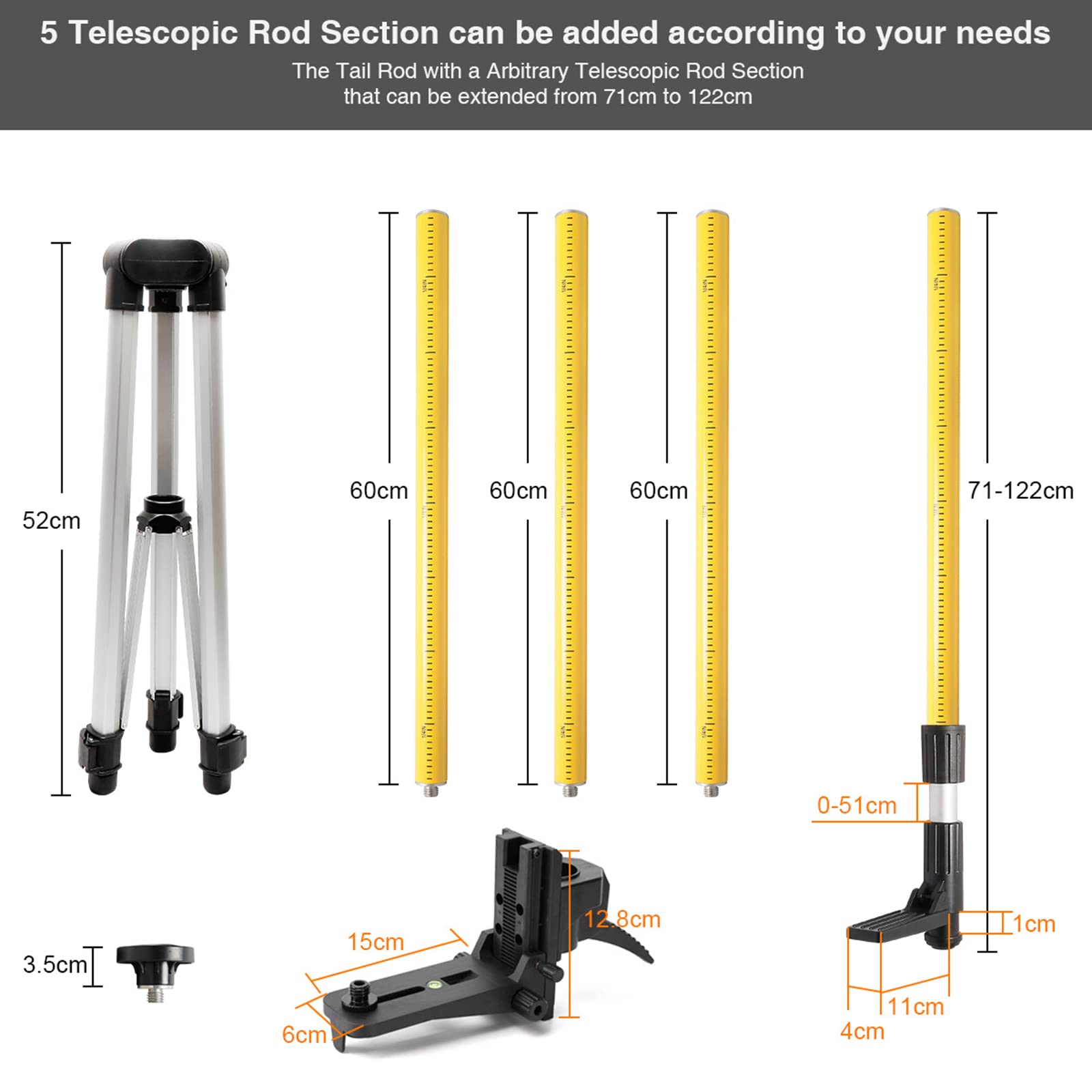 Poste de Nivel láser Profesional, Poste láser telescópico Ajustable con trípode y Soporte láser de 1/4 Pulgadas por 20 Pulgadas para láseres rotativos y de línea, para láser rotativo y láser