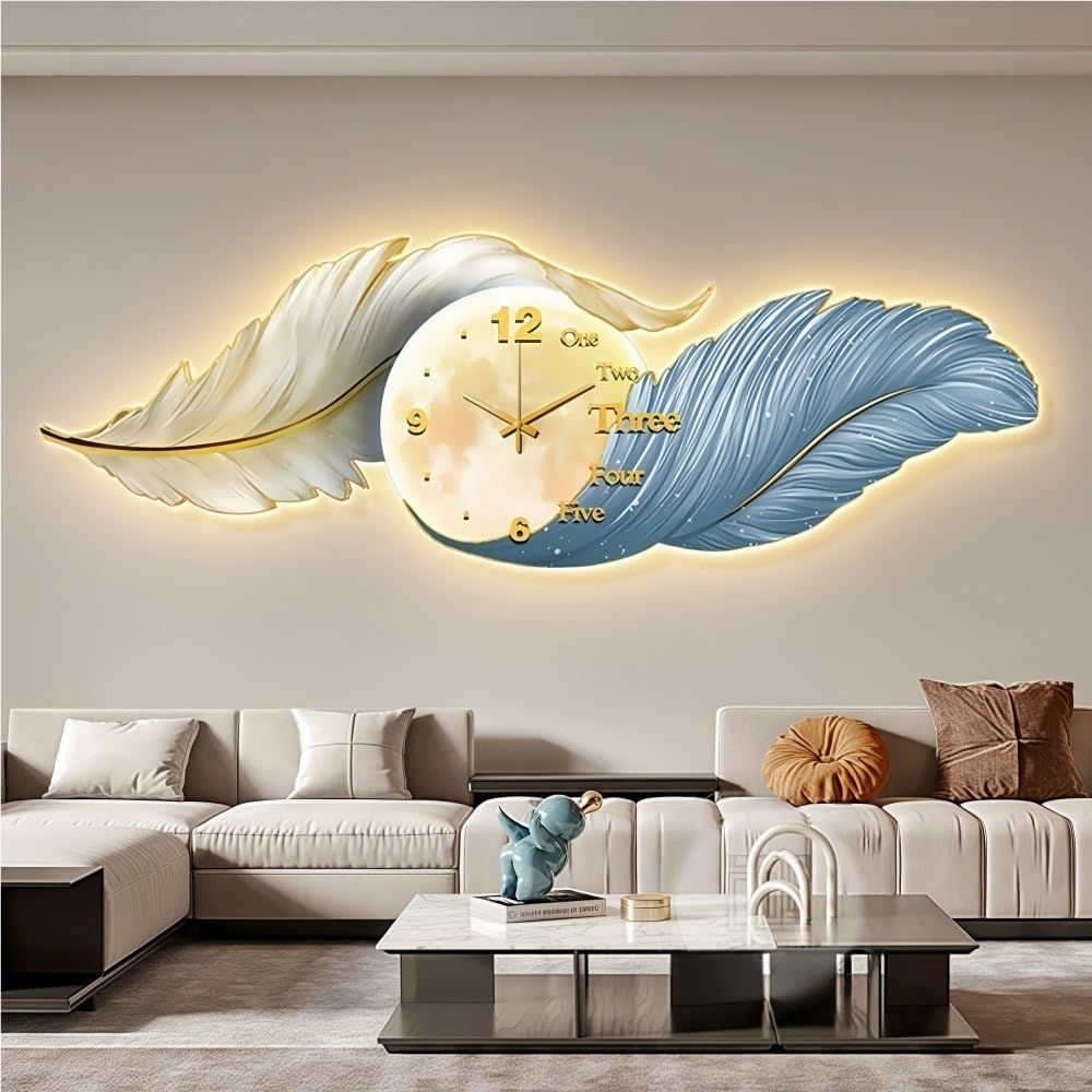 Orologio da Parete Luminoso 3D a Forma di Piuma - Decorazione murale retroilluminata a LED con Movimento Silenzioso, Design a Piuma in Ceramica per Soggiorno/Camera da Le