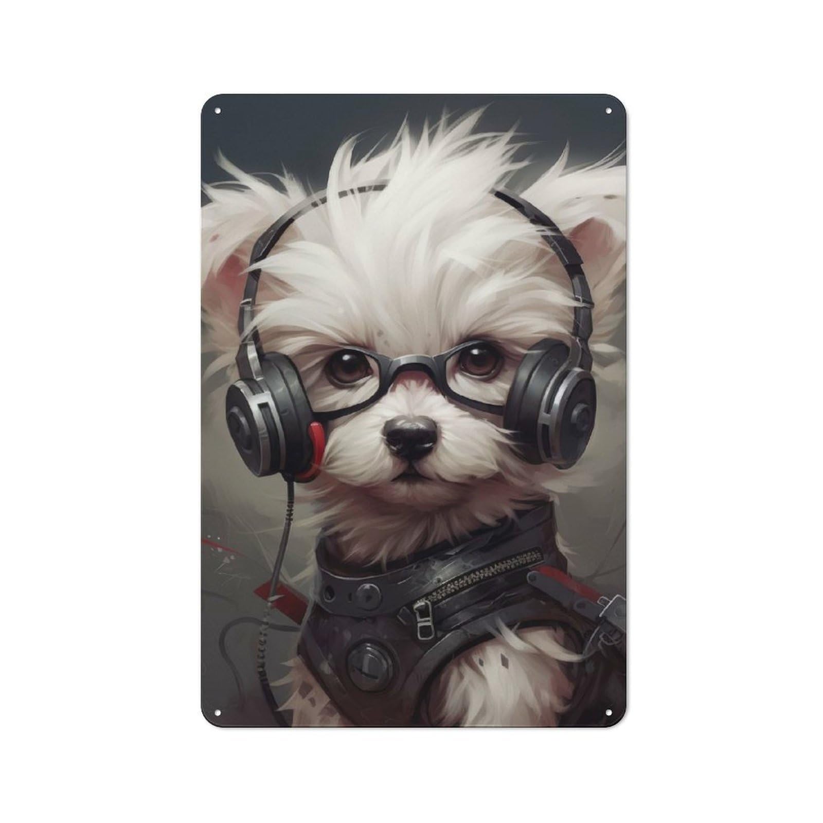 Junmoney Maltese Dog With Headphones Futuristic Pet A Rt Dog With Headphones Rustic Tin Wall Plaque 30X20cm For Garage Or Workshop, For Home Interiors, Feature Walls And Decorative Displays