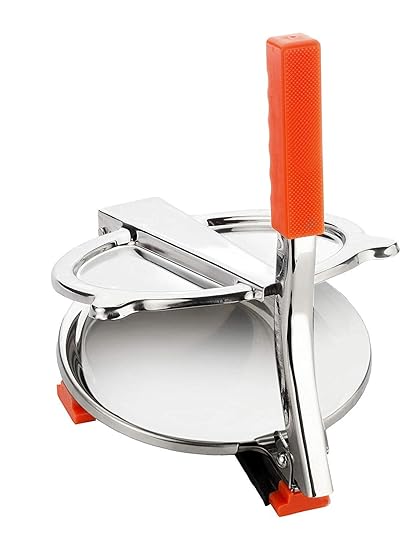 Evergreen Heavy Quality Stainless Steel Puri Maker Press Machine with Handle, Manual Stainless Steel Roti Press, Papad/Khakhra/Chapati Maker (Orange & Steel)