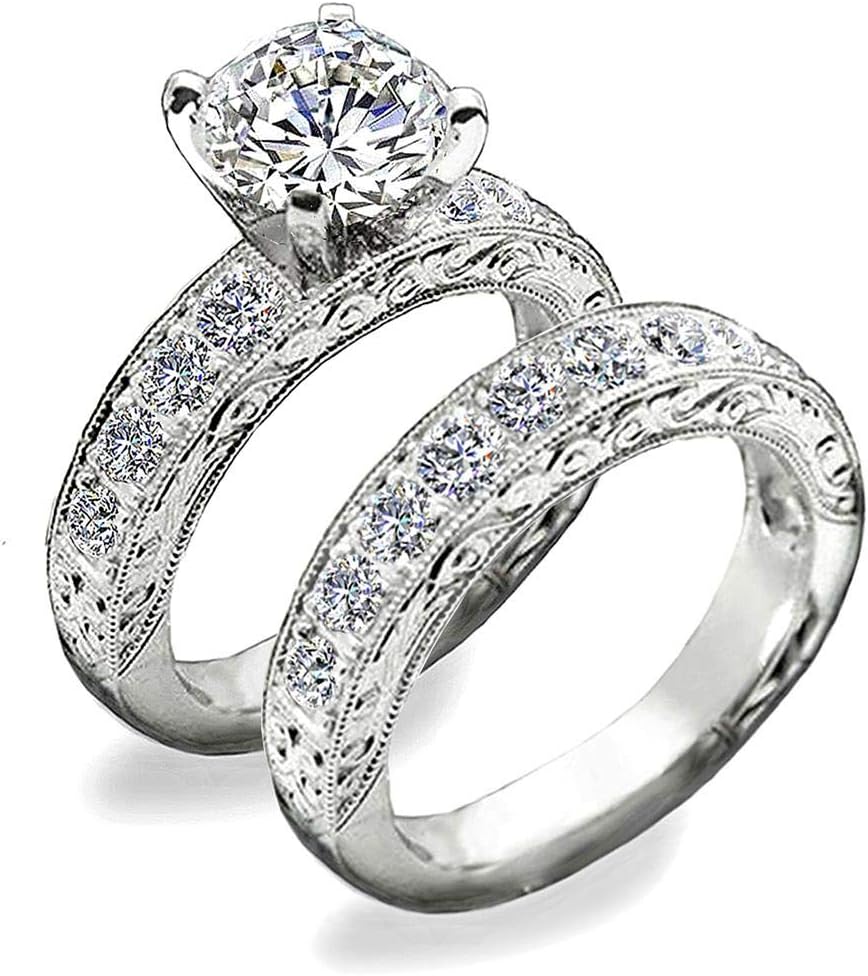 VenetiaDiamond.com Venetia Top Grade Realistic Hearts and Arrows Cut 2 Carats Simulated Diamond Victorian Pave Ring Set 925 Silver Platinum Plated Cubic Zirconia cz