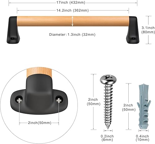 Miniatura 6 de SELEWARE Mango de madera de 12 pulgadas, mango de seguridad, barra de agarre de madera, barandilla de madera maciza de haya con soportes de plástico