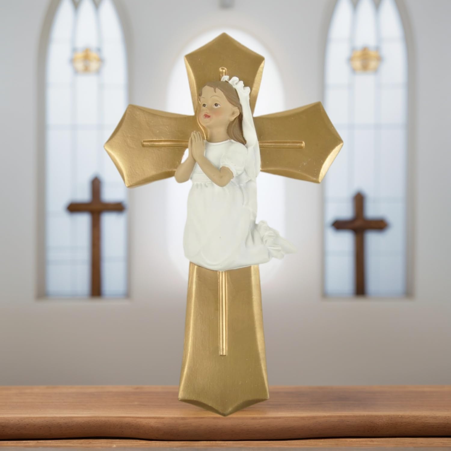 PlentifulHome First Communion Girl Wall Cross – 7.87” Resin Catholic Cross with Kneeling Girl Figurine, Religious Wall Decor for Baptism, Finely Sculpted Wall Cross, Durable & Long-Lasting