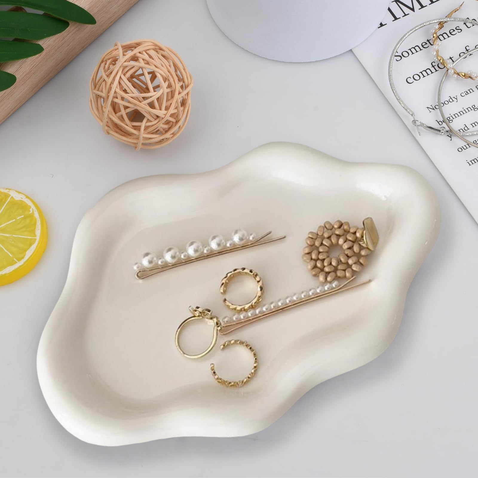 Portagioie In Ceramica Foglia Oro - Piatto Porta Anelli E Gioiili Decorativo Per Vanità E Comò - Foto 5