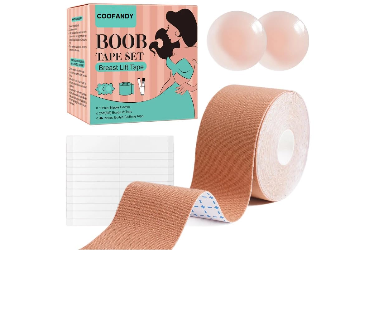 COOFANDY Breathable Boob Tape for Breast Lift, Fabric Tape for Women Clothing and Body, 1 Pair Silicone Nipple Stickers, Reusable Adhesive Bra, Suitable for Breasts A-G Cup Beige