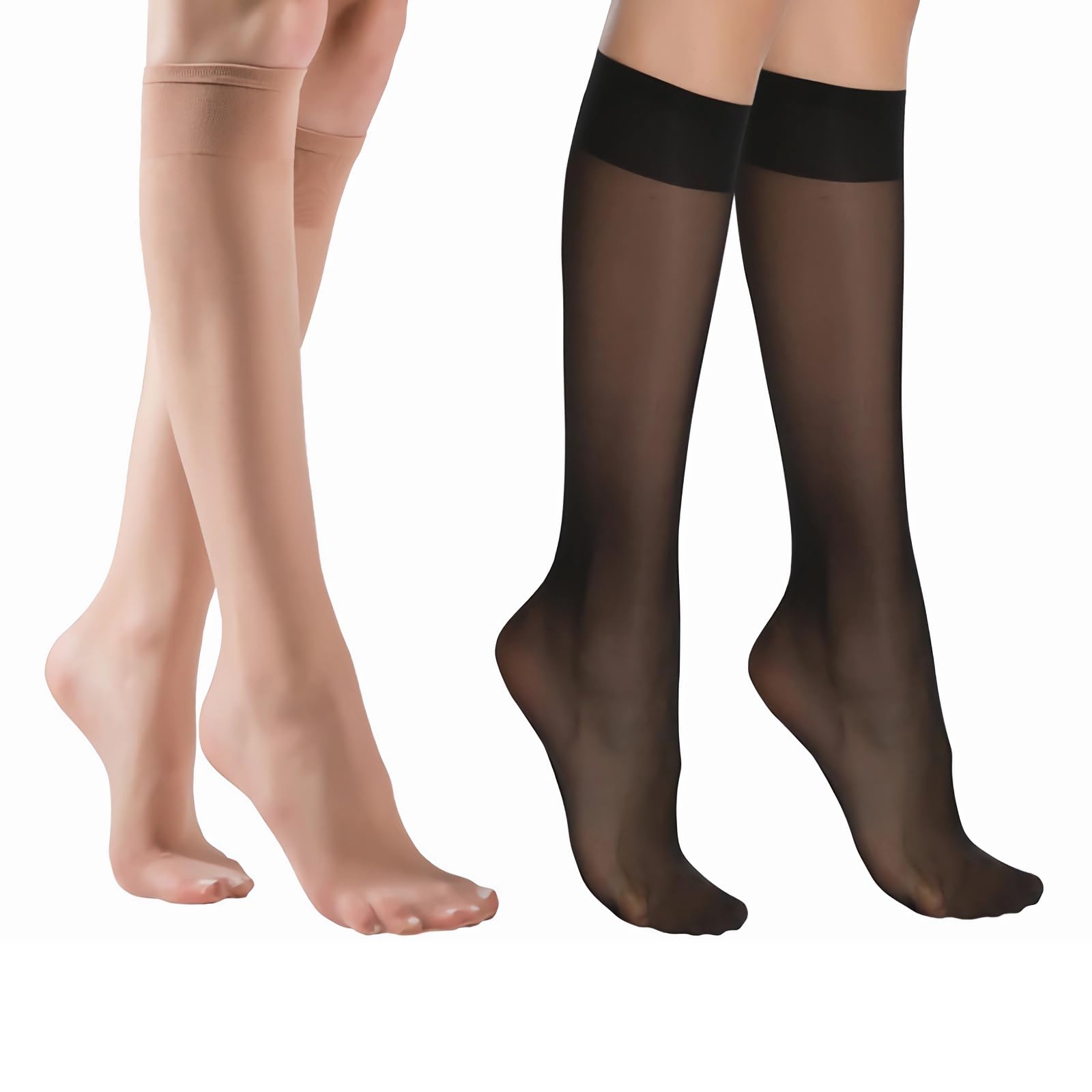 REBUCINA 14 Pairs Knee High Pop Socks Women Knee-High Tights, Black and Natural Color Sheer Nylon Stockings with Reinforced Toe