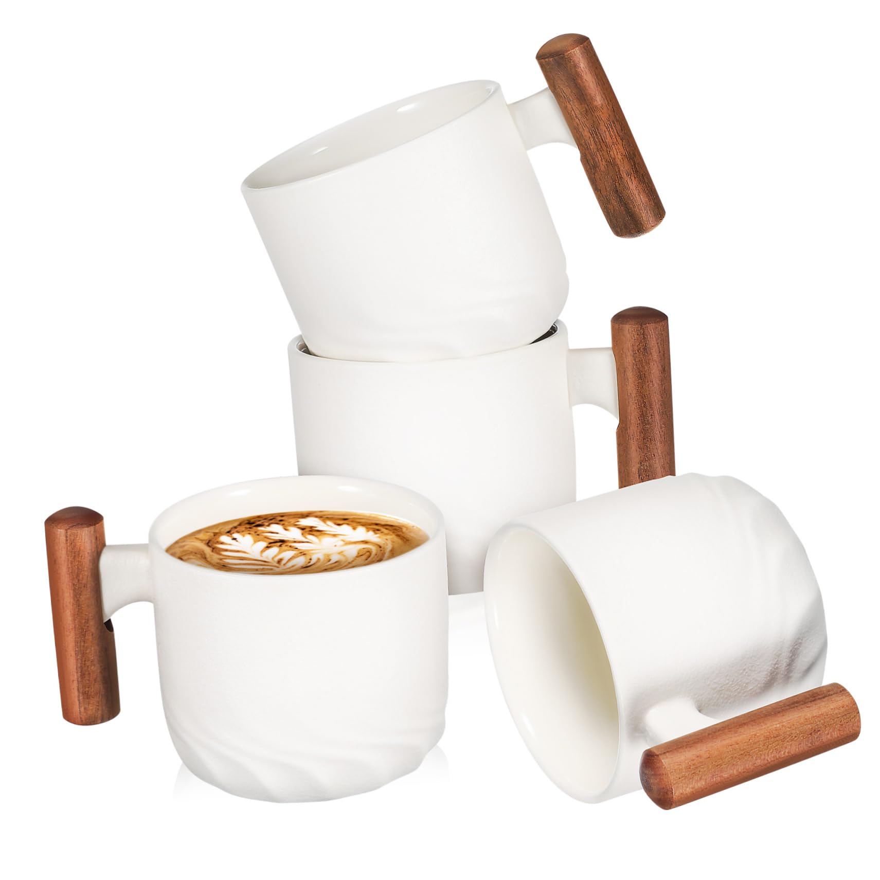 4 Stück Keramik Espressotassen mit Holzgriff Weiß Kompakt Angenehmes Trinken für Kaffee