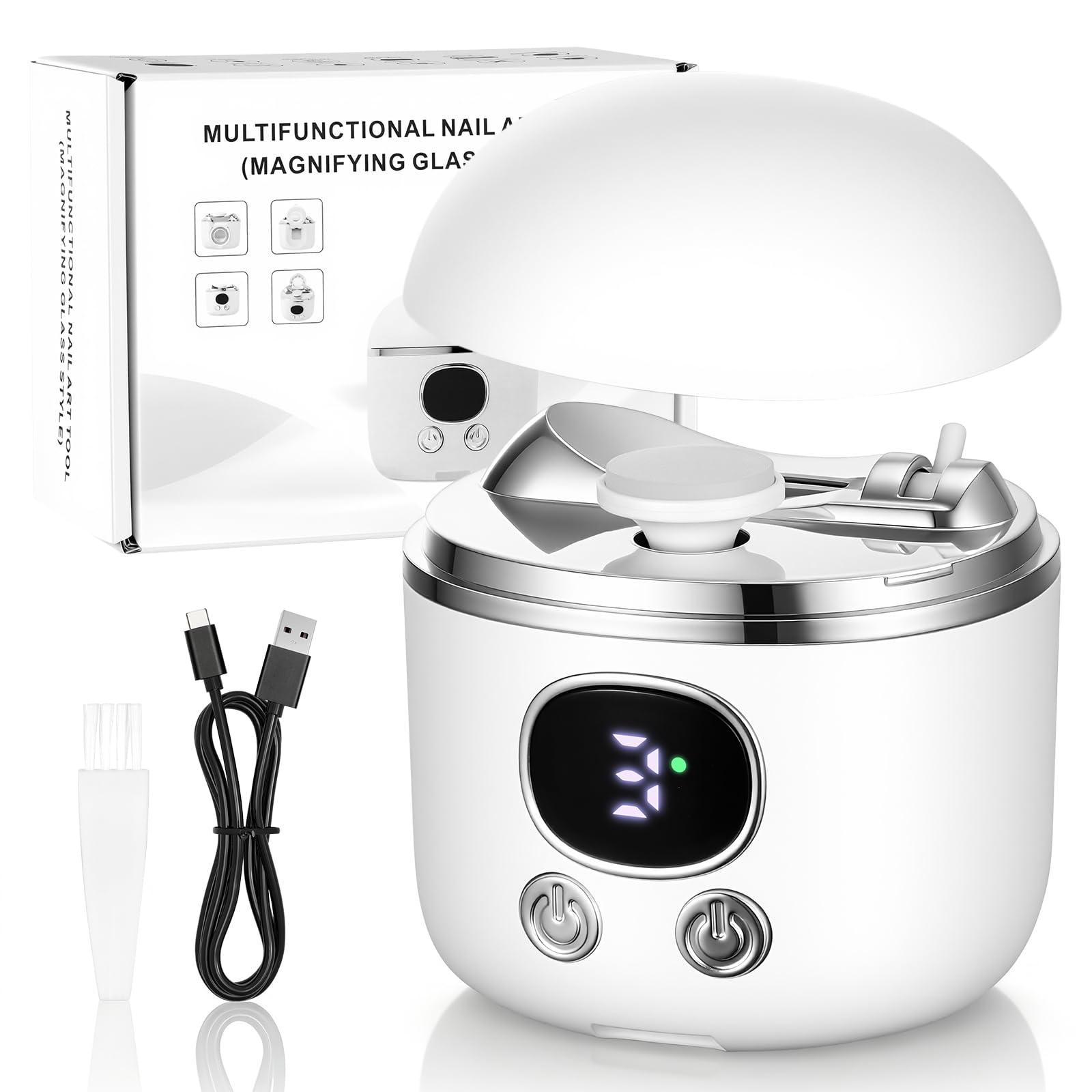 Coupe Ongle Électrique, Coupe-ongles automatique avec loupe à lumière LED, Coupe et Polissage automatiques + Rangement pour les résidus d'ongles, 3 Vitesse + écran numérique (Blanc)