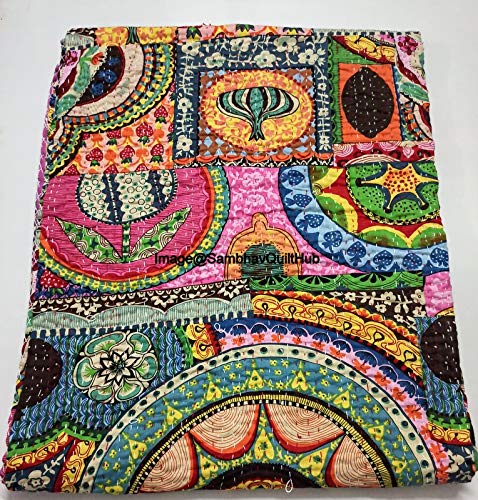 Sambhav Quilt HubMulti Color Cotton Handmade Quilted Blanket Indian Cotton Frida Khalo Print Bedspread Kantha Work Bohemian Bed Decor Throw Blanket Twin/King/Queen