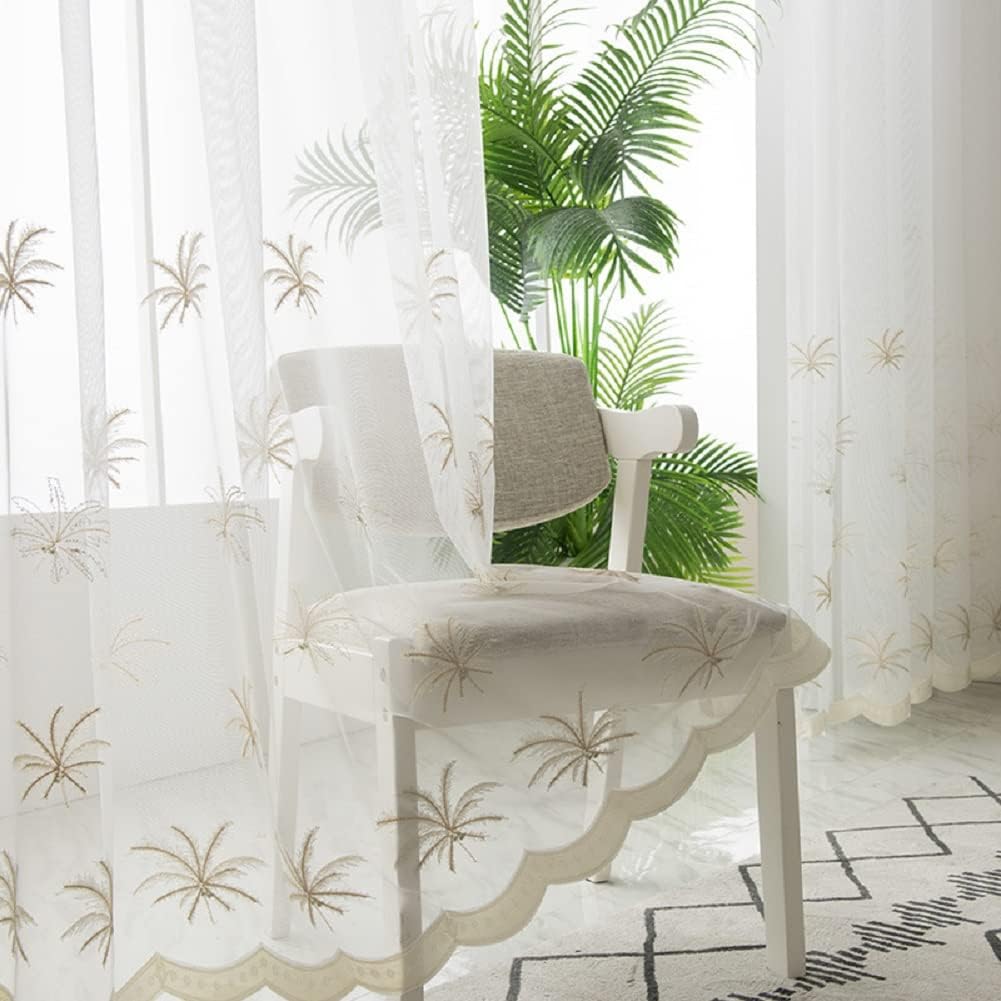 White New Simple Fresh Leaf White Embroidery 52 Wide Window Treatments Sheer Curtains Rod Pocket Top for Living Kids Nursery Room Bedroom
