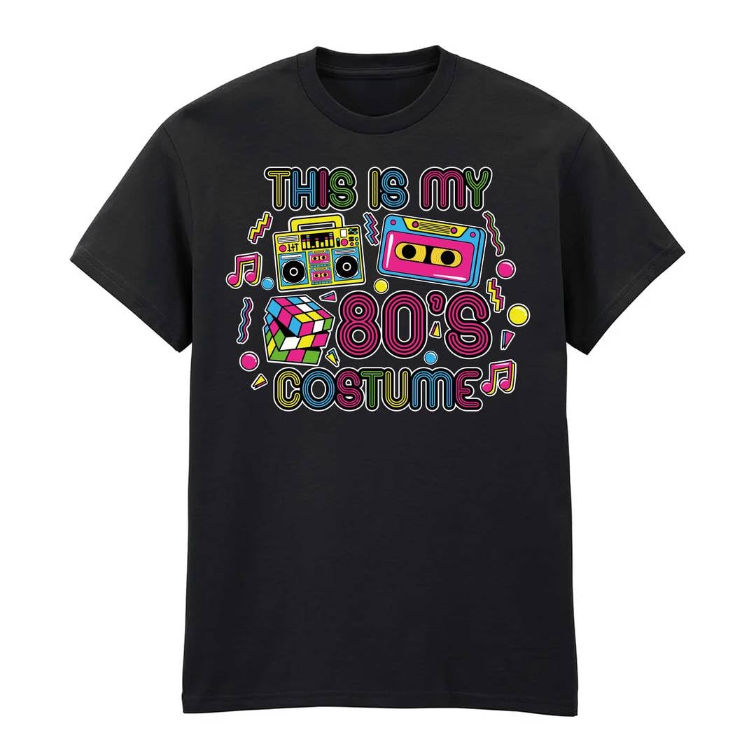 Retro 80's Graphic T-Shirt - Vintage Style Neon "I Love the 80's" Tee with Boombox & Cassette Design - Classic Fit - 1980's Ladies Mens Unisex Party Fancy Dress Costume