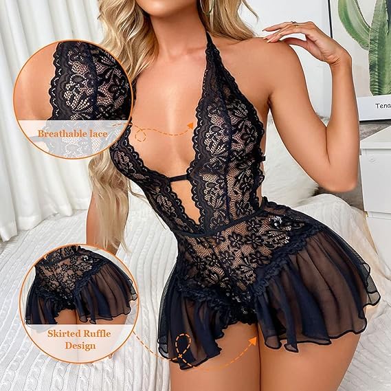 WBDWWTD Babydoll Sexy para Mujer, lencería traviesa de Encaje Floral, Body de Peluche con Escote en V Profundo, Ropa de Dormir de una Pieza sin Espalda, camisón Ahuecado, Falda de Malla, camisón de