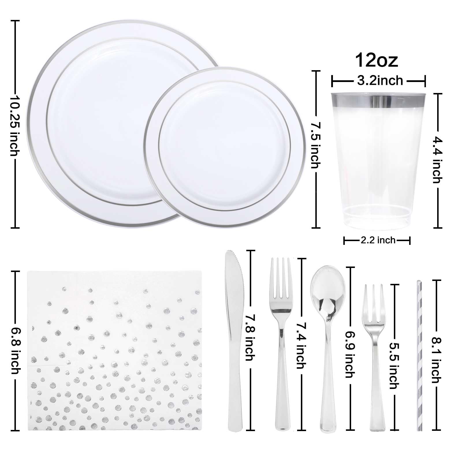 Ciaell 250PCS White and Silver Plastic Plates - Silver Disposable Plastic Plates Sets include 50Plates, 25Knives, 25Forks, 25Spoons, 25Mini Fork, 25 Cups, 25Paper Straws, 50Napkins for Christmas