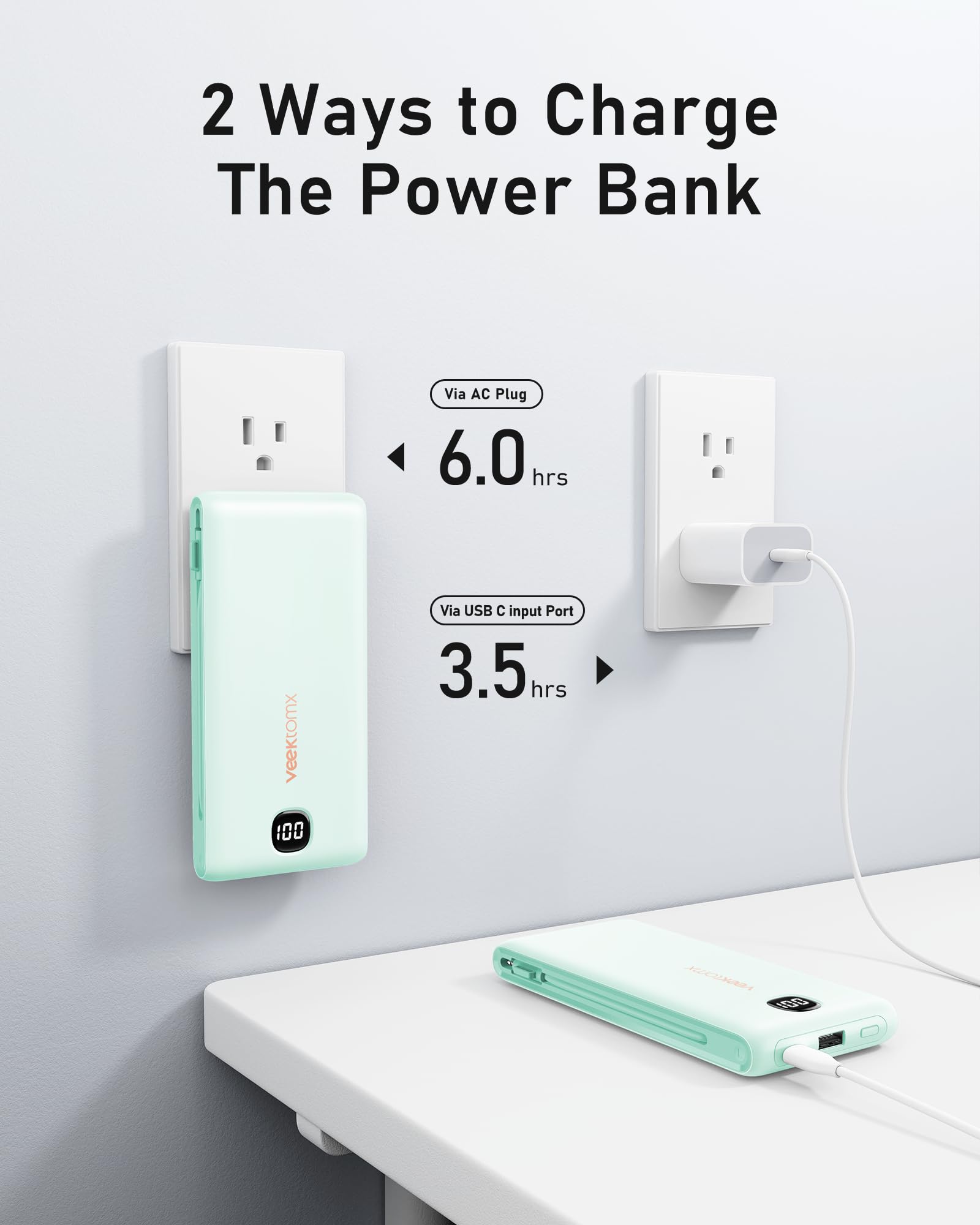 VEEKTOMX 10000mAh Portable Charger with Built-in Cables & Wall Plug view 5