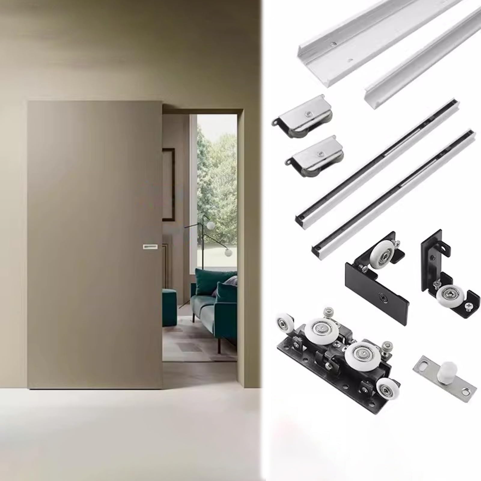 Sliding Door Kit Trackless Ghost Mirror Sliding Door Hardware Kit, 32 36 40 55 63 70 inch Invisible Bypass Door Track, Smoothly Barn Door Rail System Unit(80cm (31.5in))