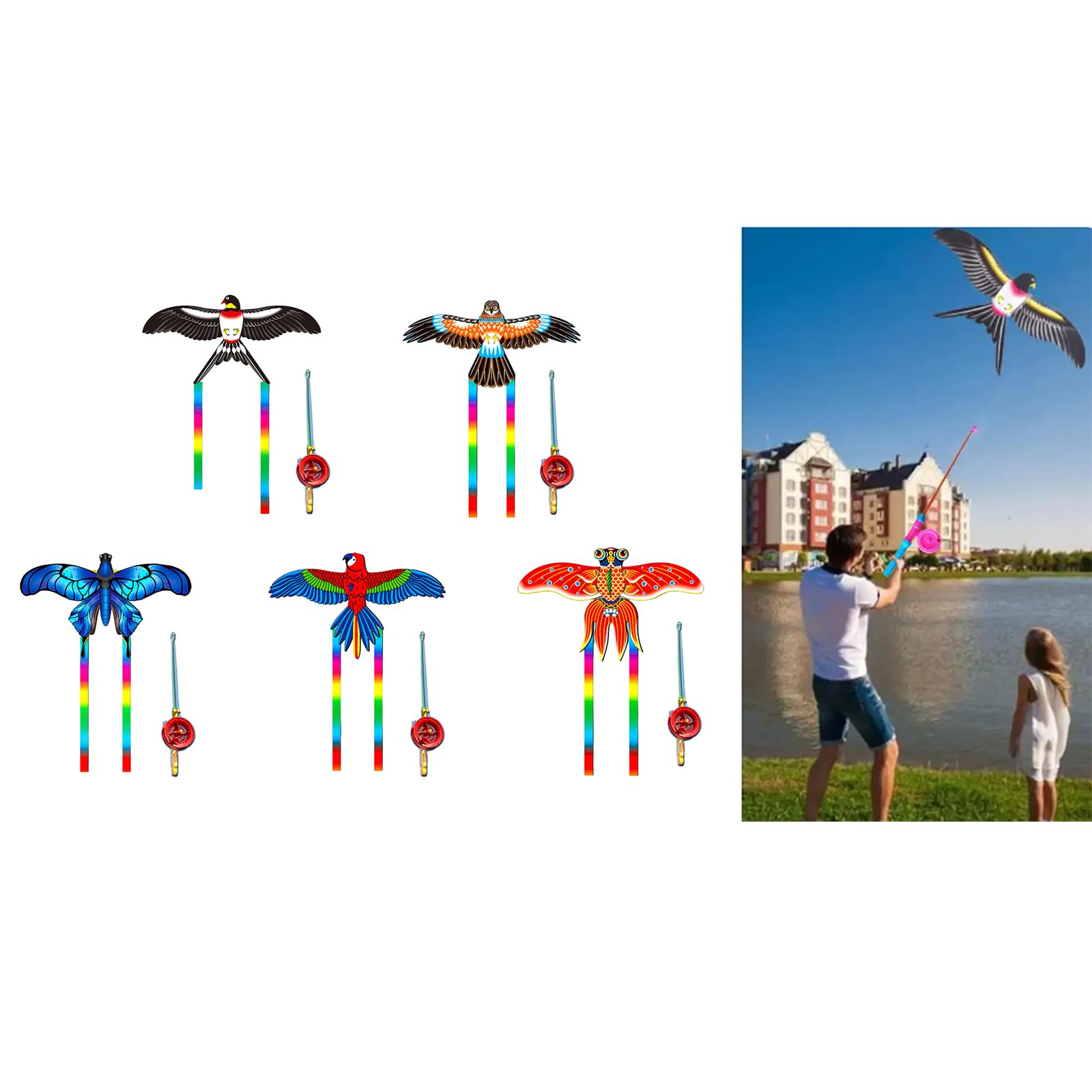 GRABAGECAN Long Tail Dynamic Wing Kites with Fishing Rod Line Dynamic Swallow Kites Toy for Child Easy Flying Kites Outdoor Activity