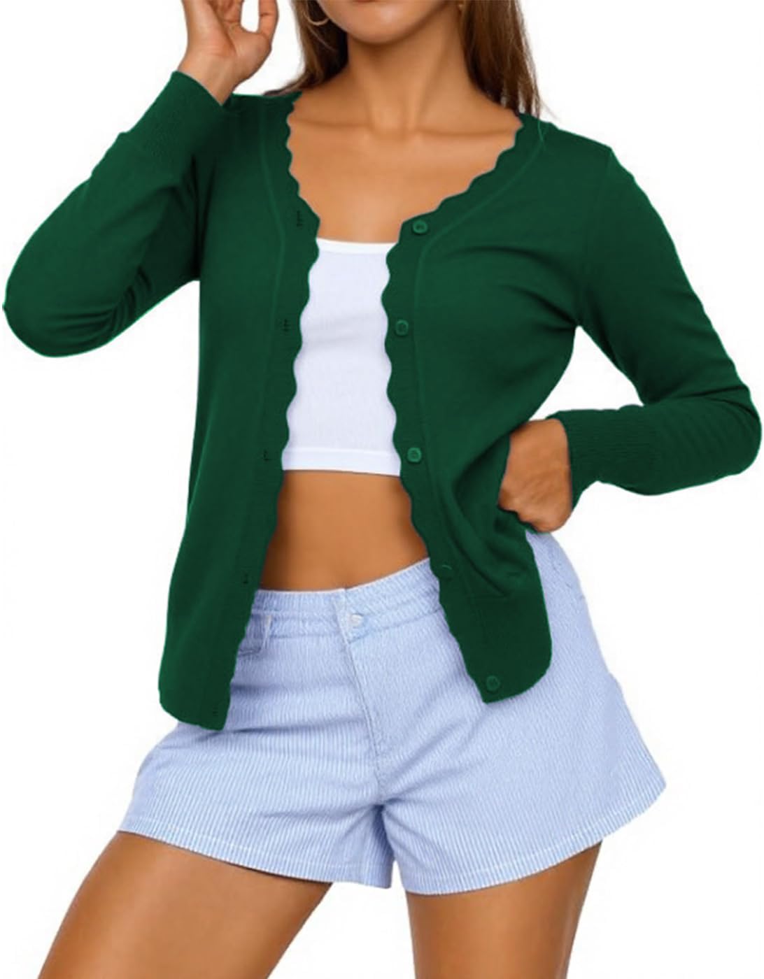 Ezbelle Women's Crop Sweater Long Sleeve Tops Shrugs Flowy Cardigan Sweaters Knit Button Ruffle Shirt Fall Fashion