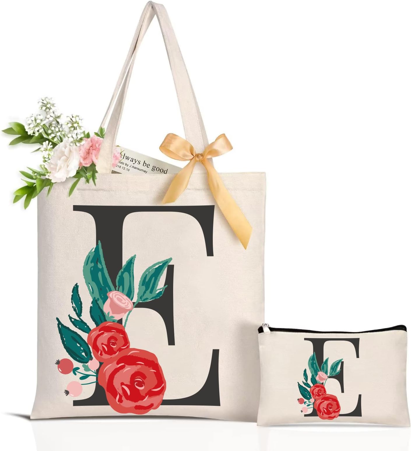 Canvas Tote Bag, Floral Canvas Bags Gifts for Bridesmaid, Reusable Foldable Shopping Bag Washable Casual Travel Handbag Shoulder Beach Tote Bags for Women