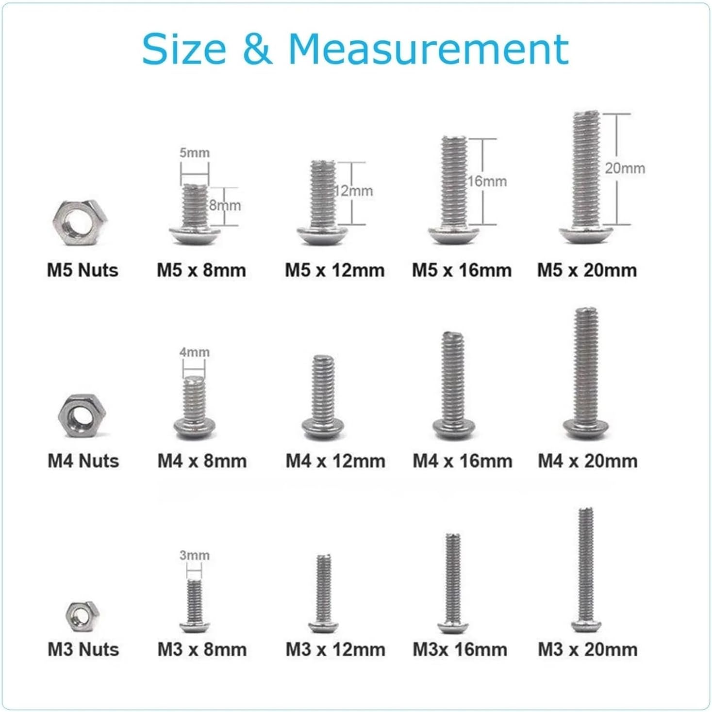 500/340PCS Stainless Steel Hex Button Socket Head Cap Screws Hexagon Thread Machine Metric Nut Bolt Assortment Kit Set M3/M4/M5(500pcs 3wrench)