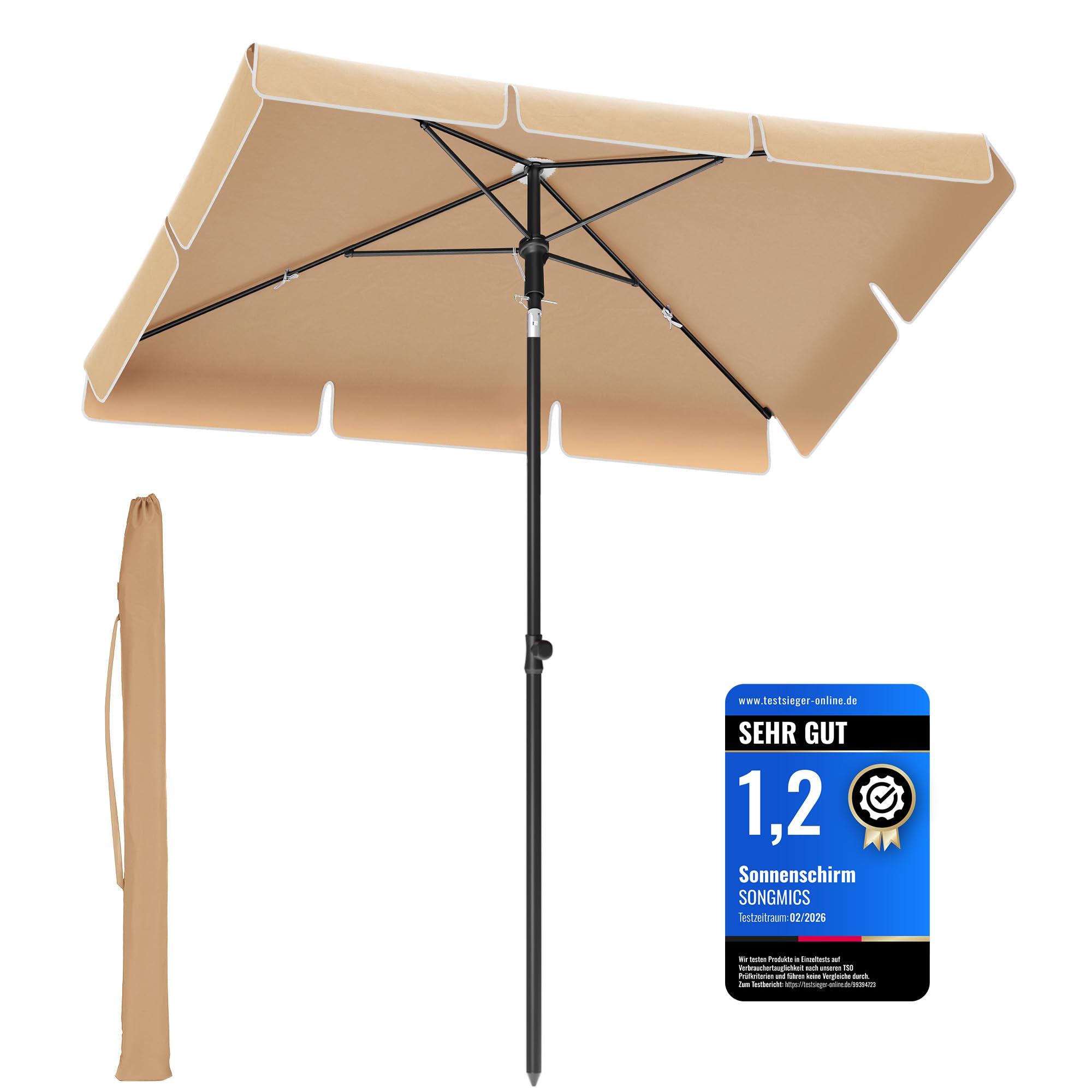 SONGMICS Sonnenschirm 180 x 125 cm, Balkonschirm UPF 50+, Sonnenschutz, beidseitig um 30° knickbar, höhenverstellbar, mit Aufbewahrungstasche, für Garten, Terrasse, ohne Ständer, taupe GPU180K01
