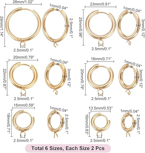 Miniatura 3 de UNICRAFTALE 12 aretes de aro de acero inoxidable 201 dorados de 6 tamaños con bucles horizontales, chapados en oro de 24 quilates, accesorios de aro