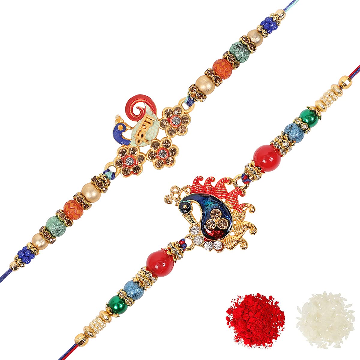 Riddhika VenturesStylish Kundan and AD Ring Rakhi (Set of 2) (Bracelet) with Roli Chawal and Greeting Card