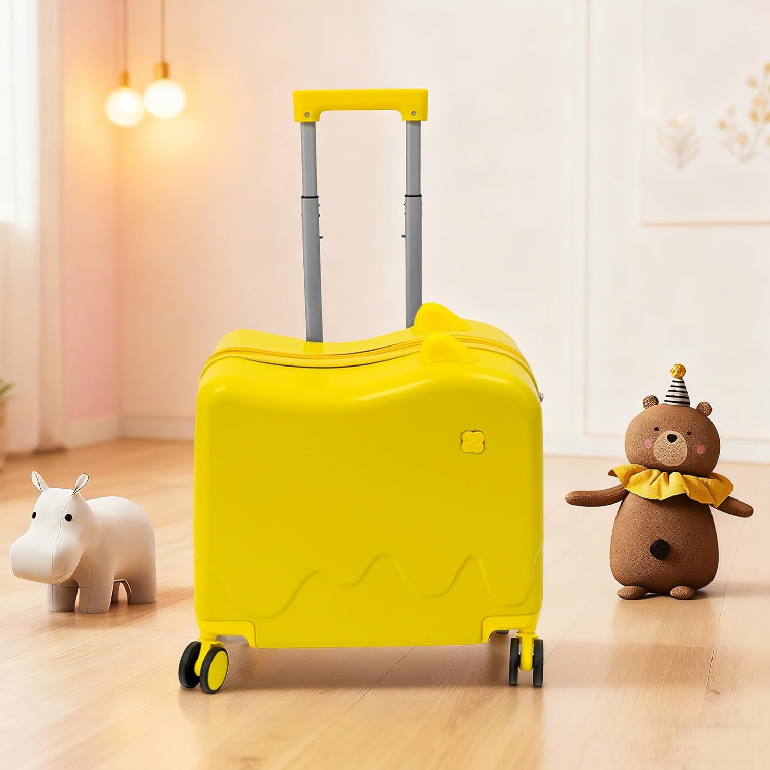 18" Children's Ride On Trolley, Ride-on Travel Suitcase, Cute Ear Toddler Carry on Luggage with Spinner Wheels, Children Rolling Trolly Luggage, Unisex Boys Girls Travel Suitcase with Lock (Yellow)