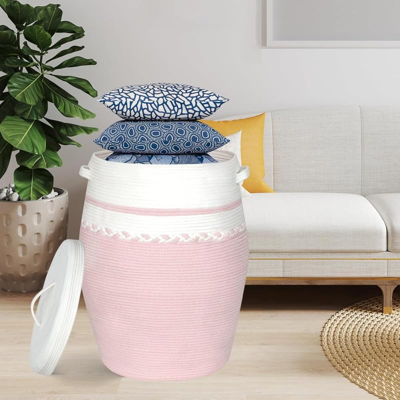 Image of Storage Cotton Rope Basket and Laundry Hamper for Dirty Clothes, Towels, Blankets, Pillows Storage in Living Room, Laundry Room and Bedroom (Pink White Zig Zag With Lid, 14x18 Inch)