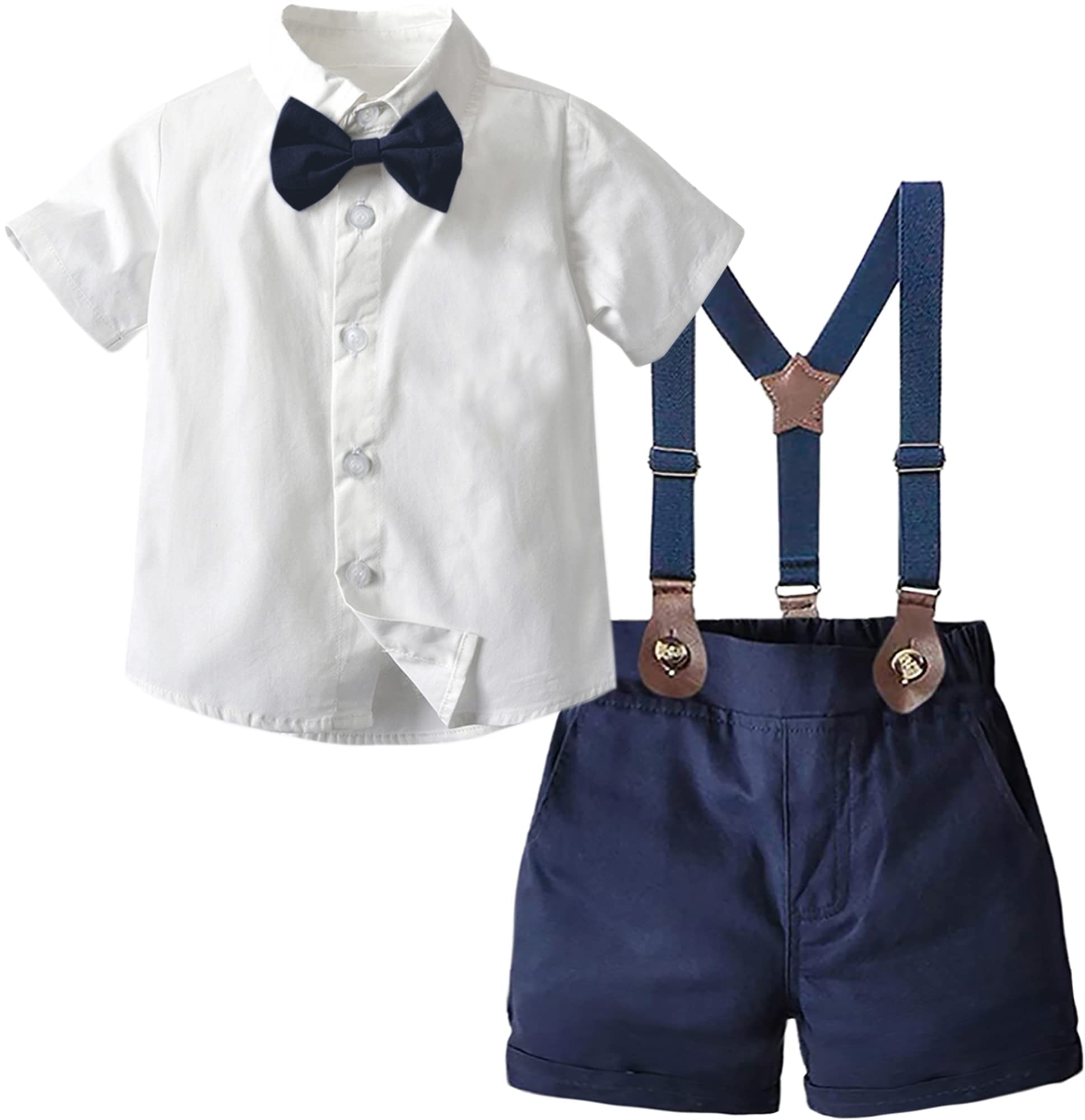 SANGTREE Baby Shorts Dress Clothes Set, T-Shirt + Bowtie + Suspender Shorts Outfit, 3 Months - 14 Years