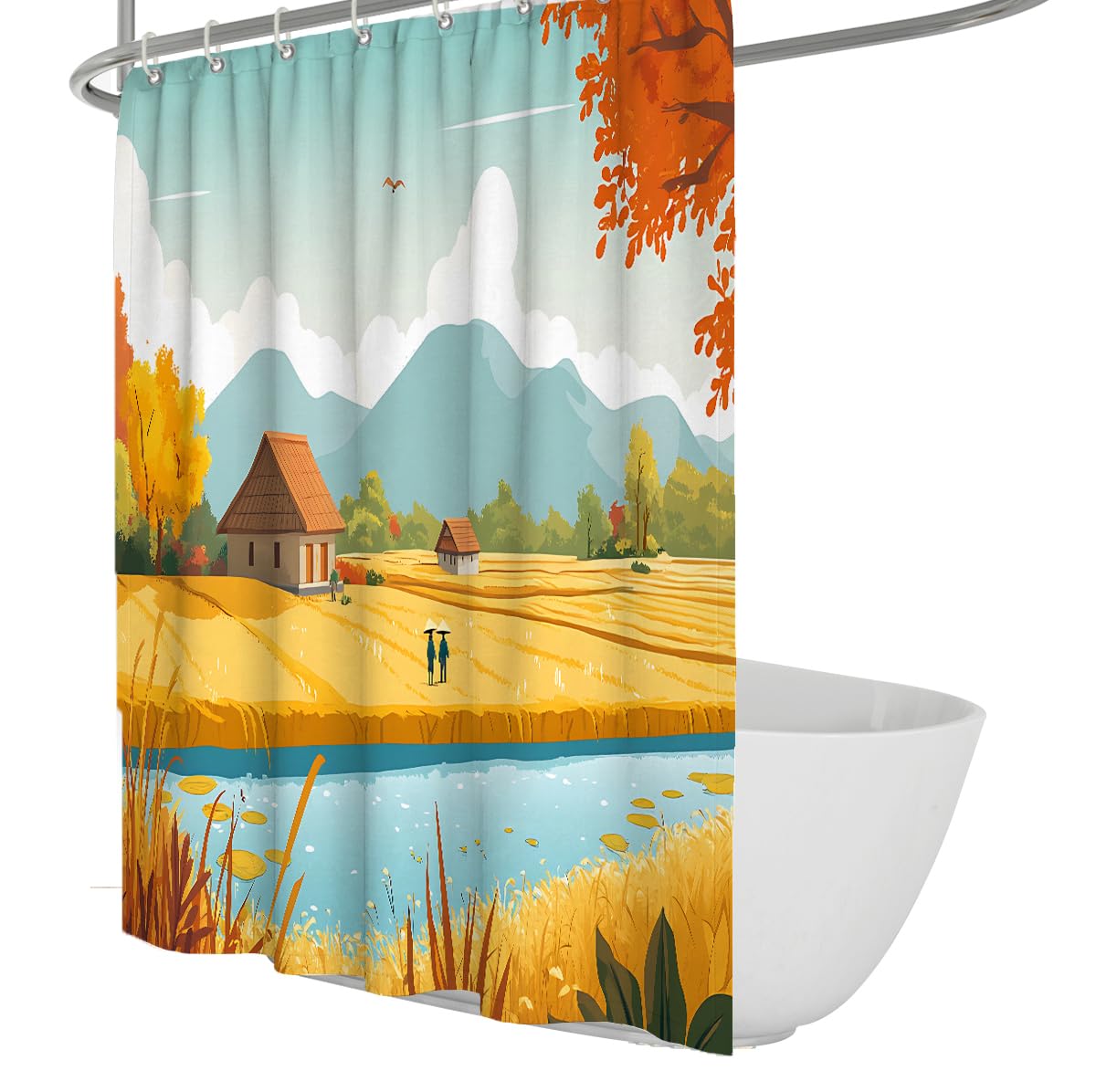 UERWOWELL Fresh Autumnal Landscape Shower Curtain Countryside Cottage Stream Golden Wheat Meadow Scene Bath Curtain Polyester Fabric Bathroom Decor W200xL200 cm