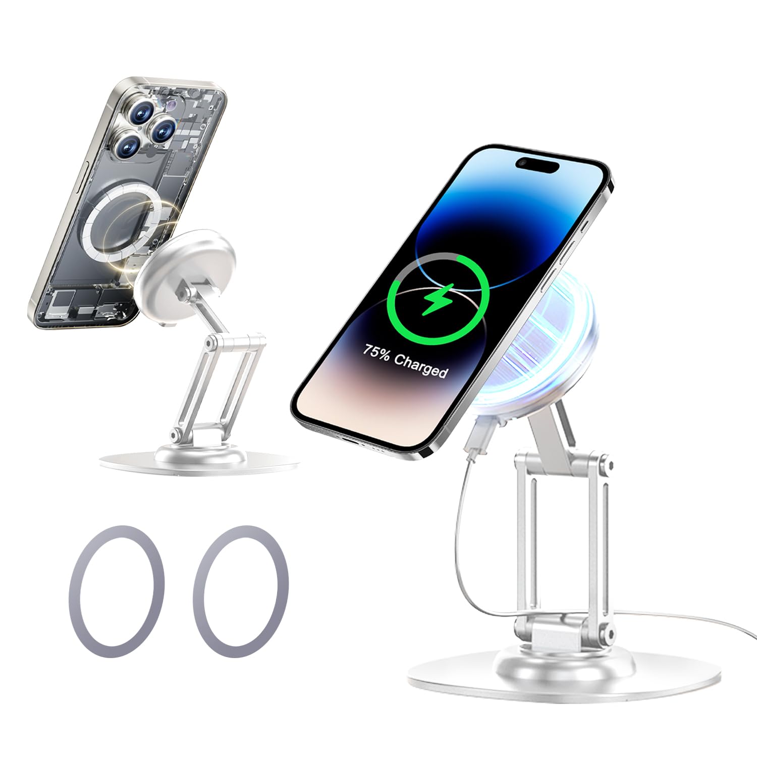 MagSafe対応 スマホスタンド Qi2 15W ワイヤレス充電｜360°回転…