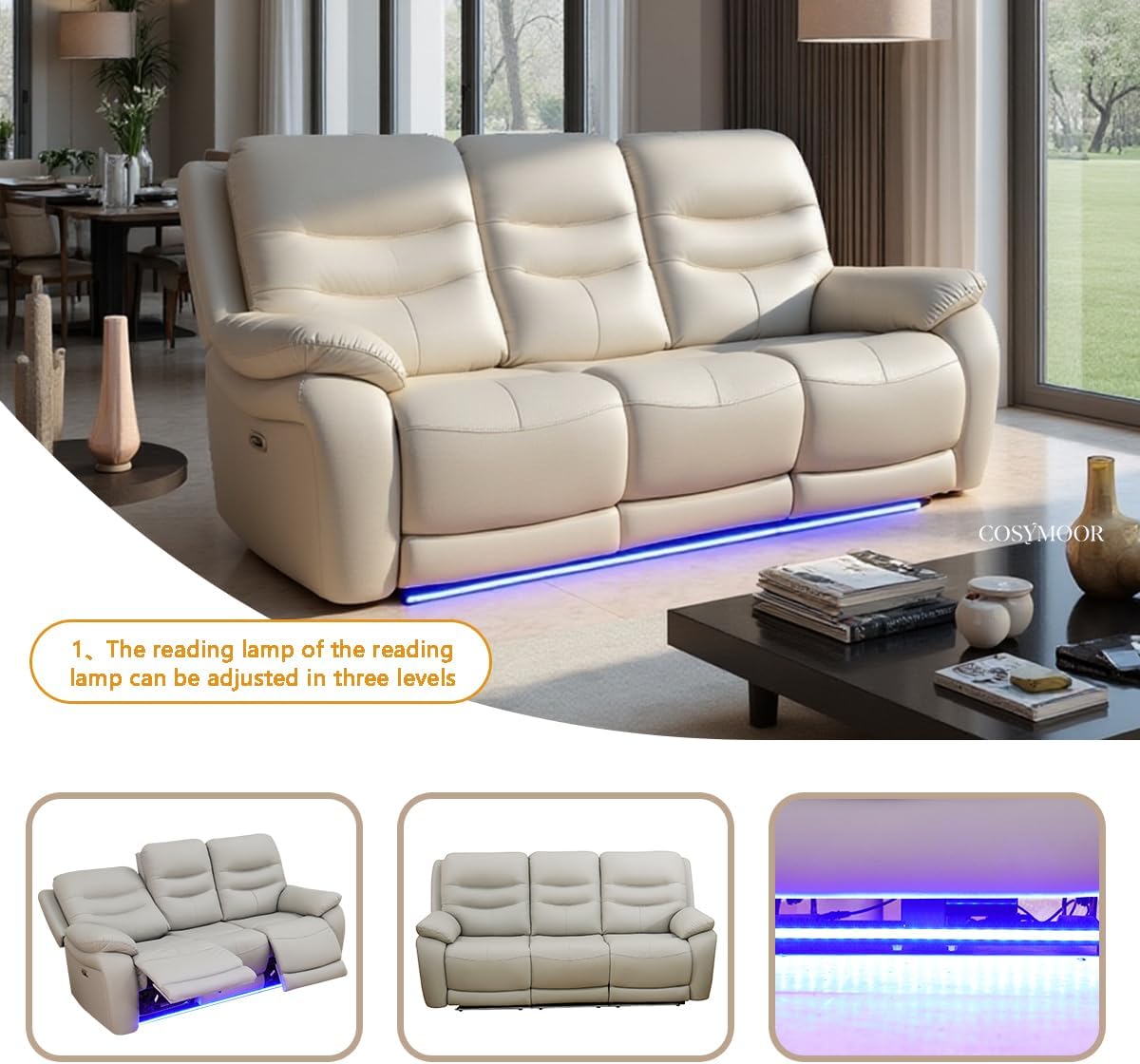 Power Recliner Sofa Set with LED Lights,Leather Reclining Sofa with Double Recliner/USB Port,Living Room Furniture Set for House/Home Theater, Grey