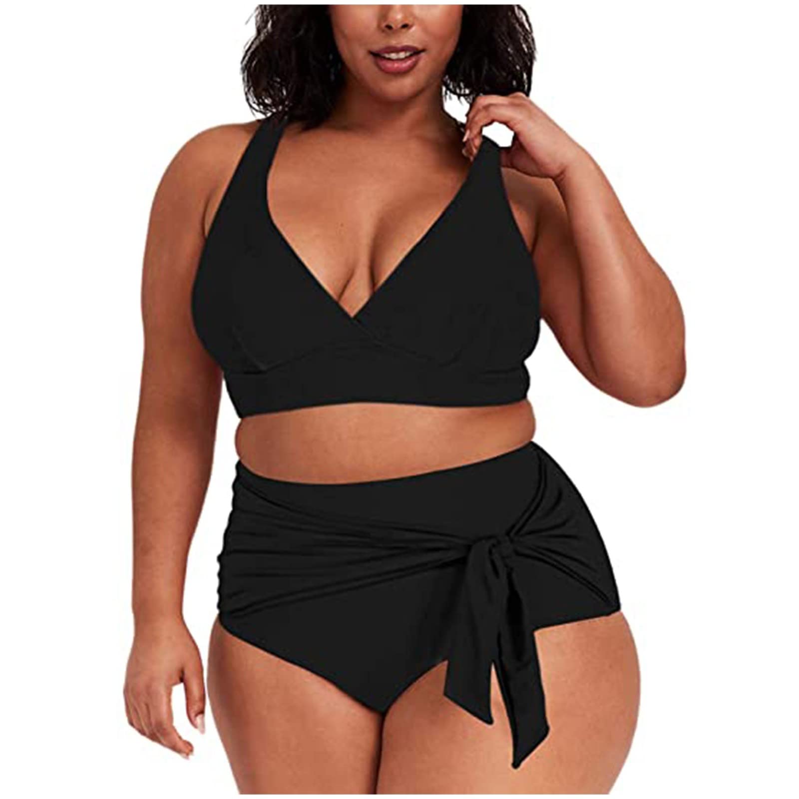 Generic Bikinis Mujer 2024 Traje de Baño de Talla Grande Dividido con Estampado de Color Sólido de Talle Alto para Mujer