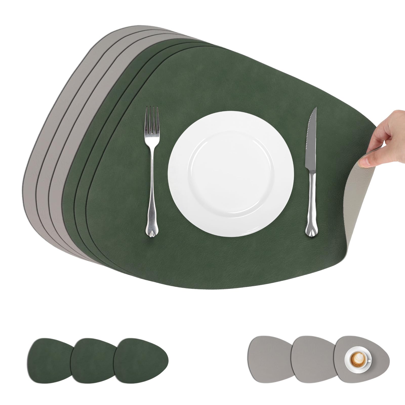 comfoyar PU Leather Placemats and Coasters Set of 6, 33x42cm Non-Slip Dual-Sided Heat Resistant Place Mats, Waterproof Washable Table Mats for Kitchen Dining Party Table Decoration(Green Grey)