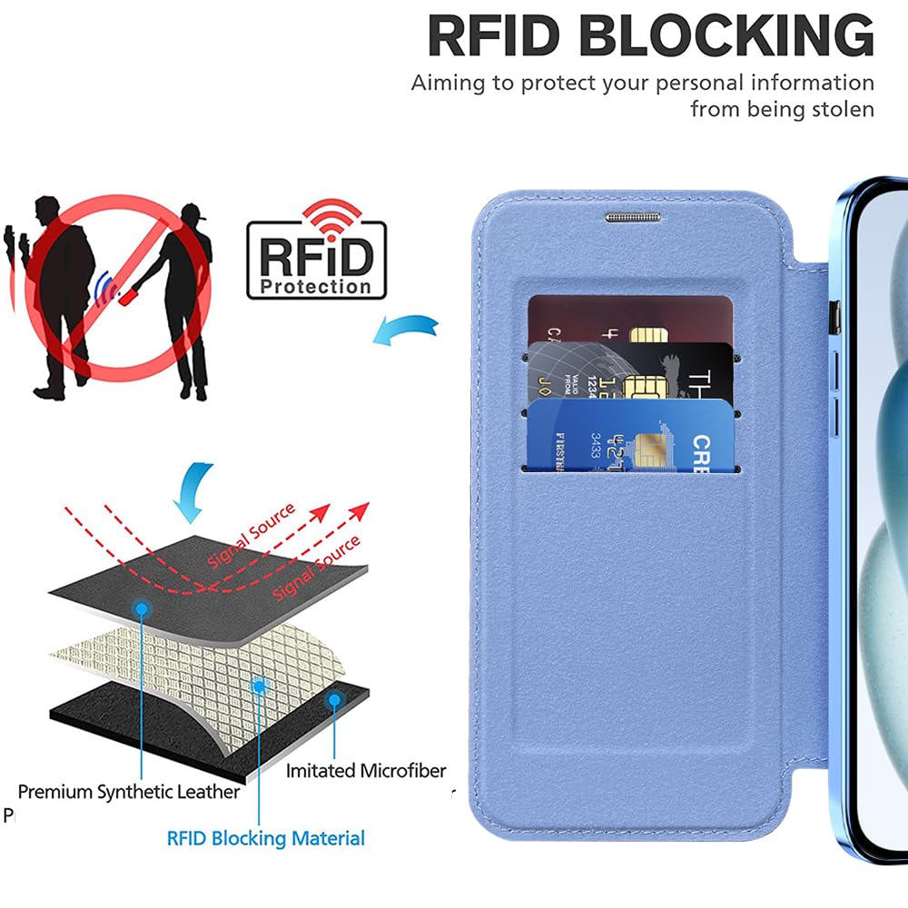 Cover Magnetica per iPhone 15 [Compatibile con MagSafe] Pelle PU Flip Portafoglio con Scomparto per Carte blocco RFID Trasparente Custodia per iPhone 15, Blu Dar Peaks JD