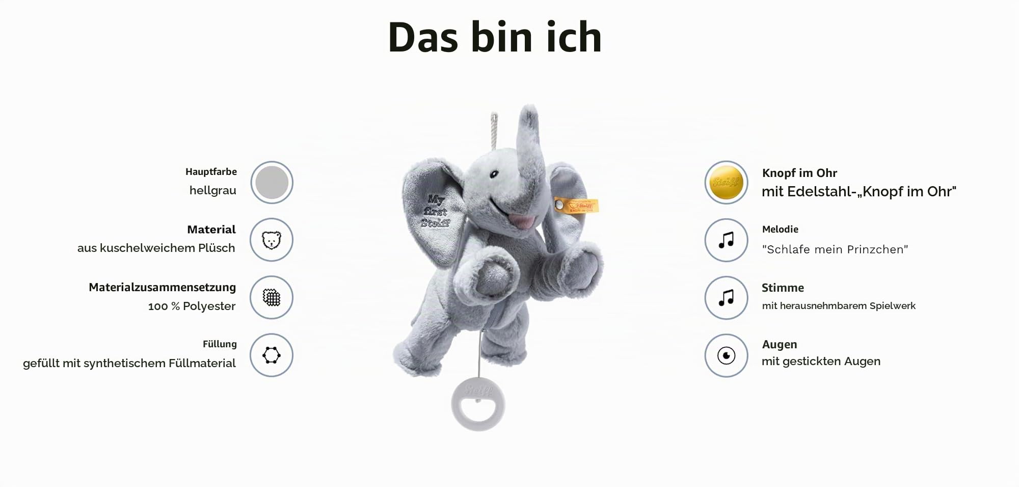 Steiff Kuscheltier My first Steiff Ellie Elefant Spieluhr, Süßes Stofftier, Jungen, Mädchen & Babys ab 0 Monaten, Friends, Spielzeug 25 cm, Hellgrau, 242731