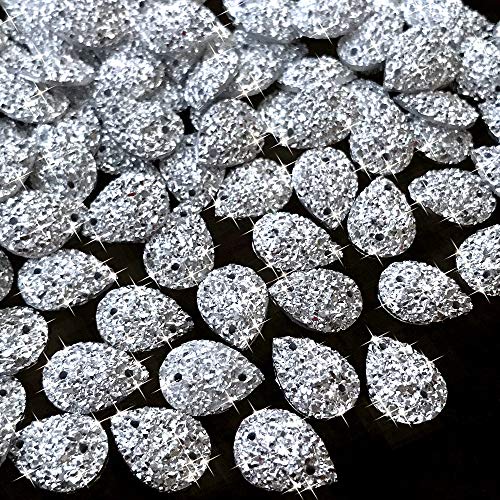 Sparkly Drop Shape Sliver Sew On Rhinestones for Dress Garment Shoes Accessories, All- Star Gems Sewing 100pcs (10x14mm)
