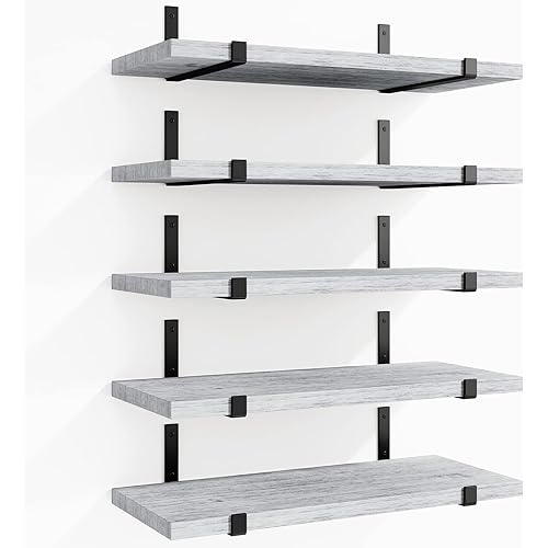 Fixwal Floating Shelves, Width 4.7in Wall Shelves Set of 5, Rustic Wood Wall Storage Shelves for Bedroom, Living Room, Kitchen, Bathroom, Office and Plants (Gray White)