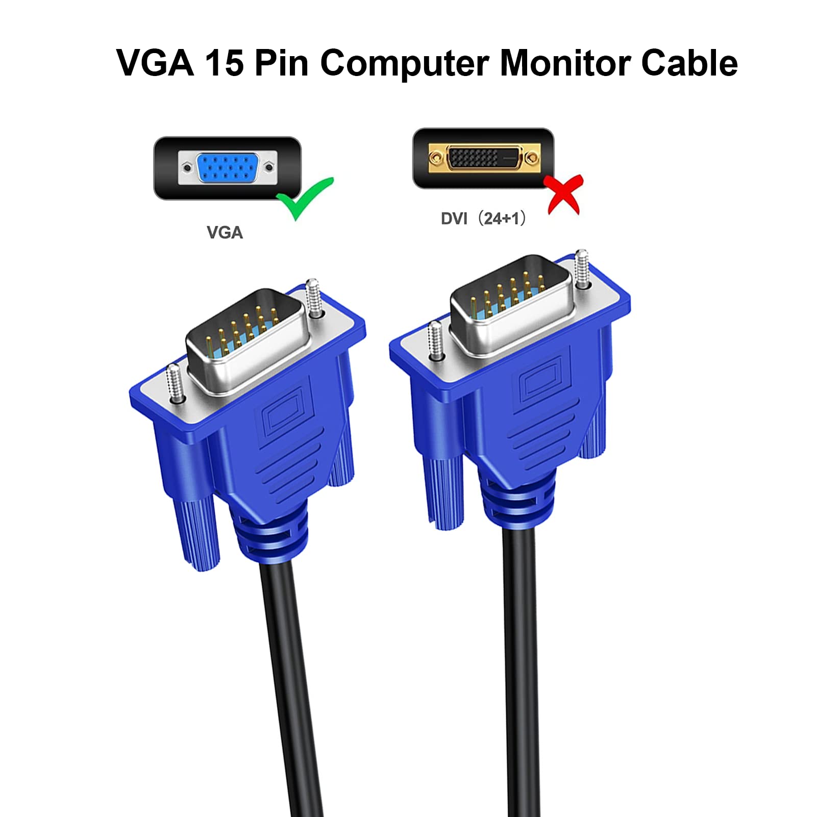 Paquete de 10 cables VGA, cable VGA para monitor de computadora, cable VGA macho a macho, cable 1080P Full HD de alta resolución para monitor de TV, proyector de computadora, 6 pies / 6.0 ft 6