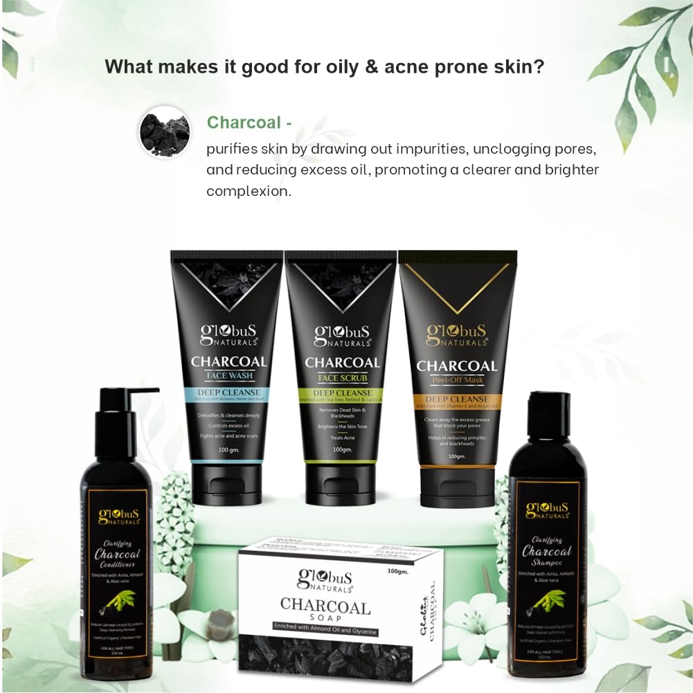Globus Naturals Charcoal Detox Gift Box, Set Of 6 - Face Wash, Face Scrub, Peel off mask, Shampoo, Conditioner, Soap, For Oily, Combination, Sensitive & Acne Prone Skin, Both Men & Women 2