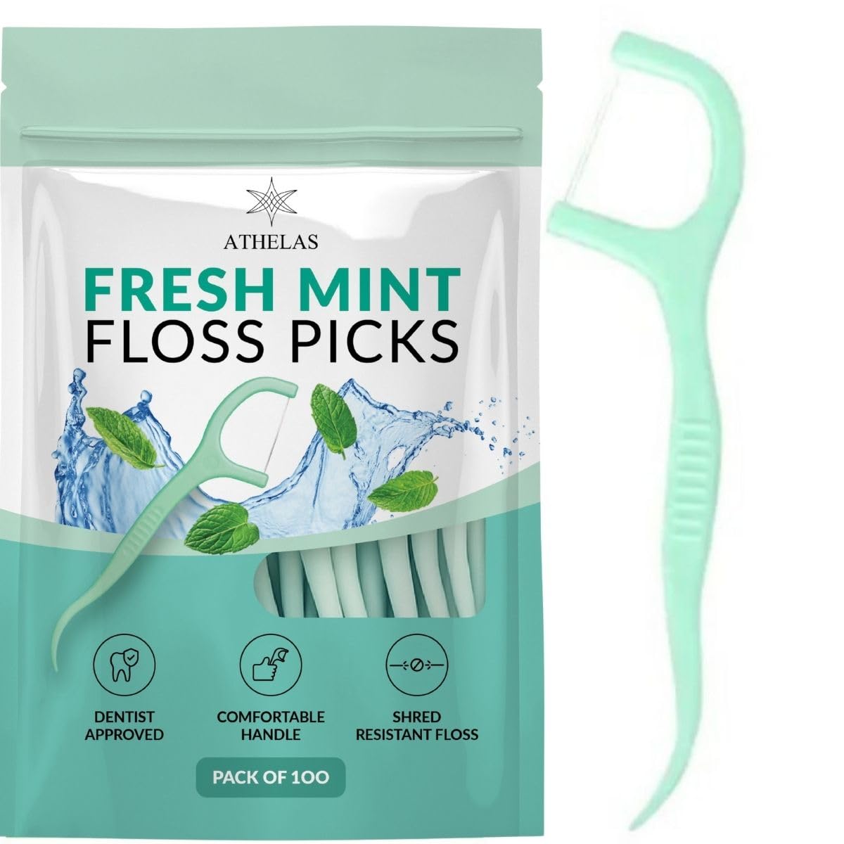 Athelas Pack of 100 Fresh Mint Dental Floss Picks | Dentist Designed & most convenient teeth Flosser for fresh Breath & complete oral plaque removal (Fresh Mint)