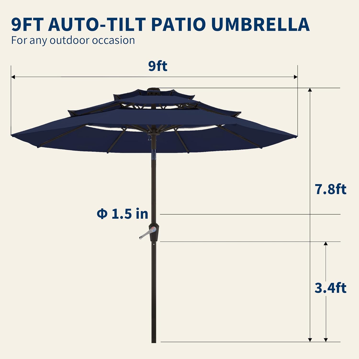 9FT 3 Tiers Patio Umbrella With Auto Tilt And Crank, Outdoor Table Market Umbrella with 8 Sturdy Ribs for Garden, Lawn, Deck, Backyard and Pool - Image 8
