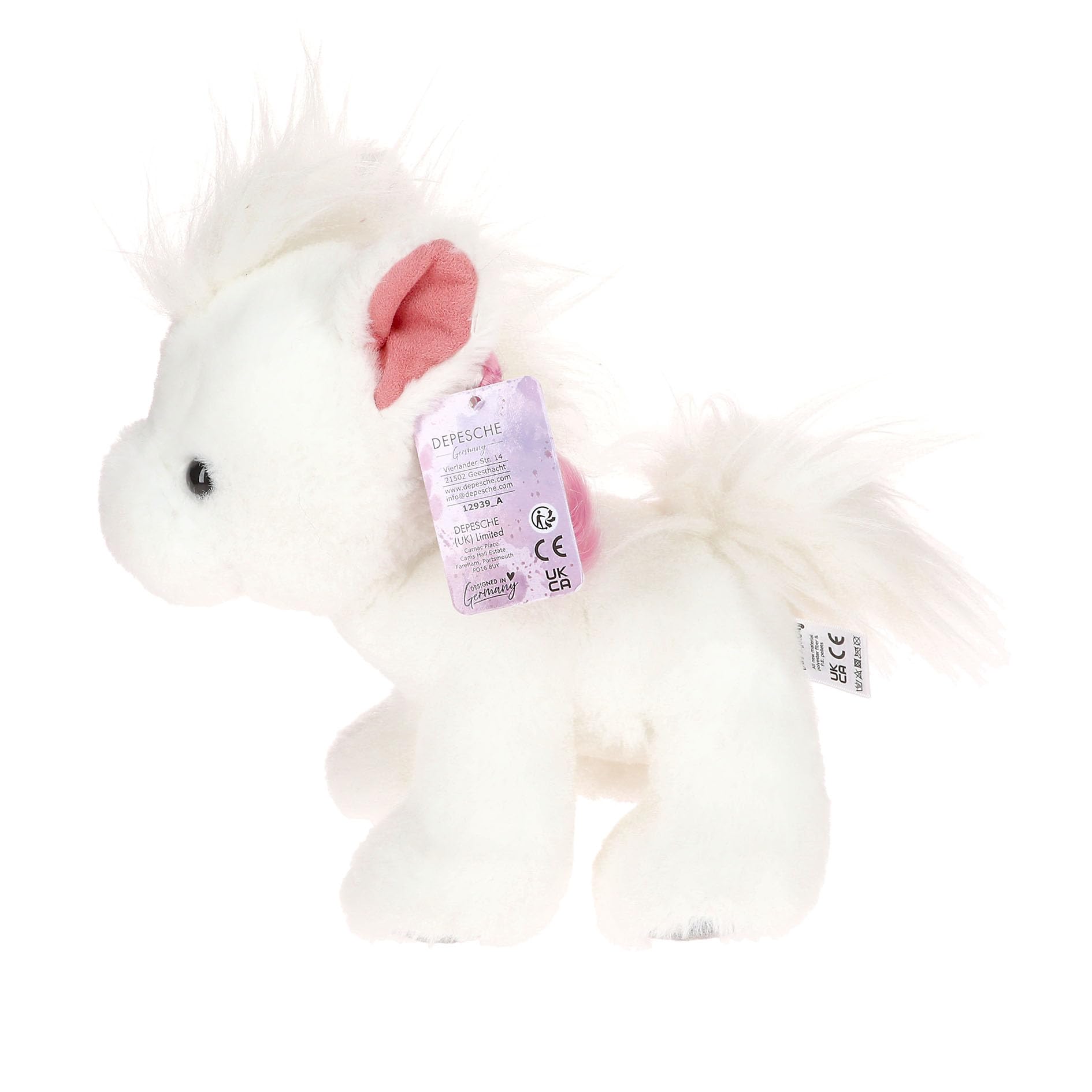 Depesche 12939 Miss Melody - Cavallo Peluche Bianco con Treccia Rosa e Blu, Alto Circa 20 cm