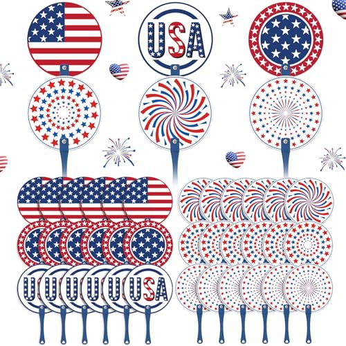 Lineshading 36 Pcs Red White and Blue Handheld Fans 250th Anniversary Patriotic 4th of July Round Plastic Fans Bulk Independence Day Parade Decorations Party Supplies