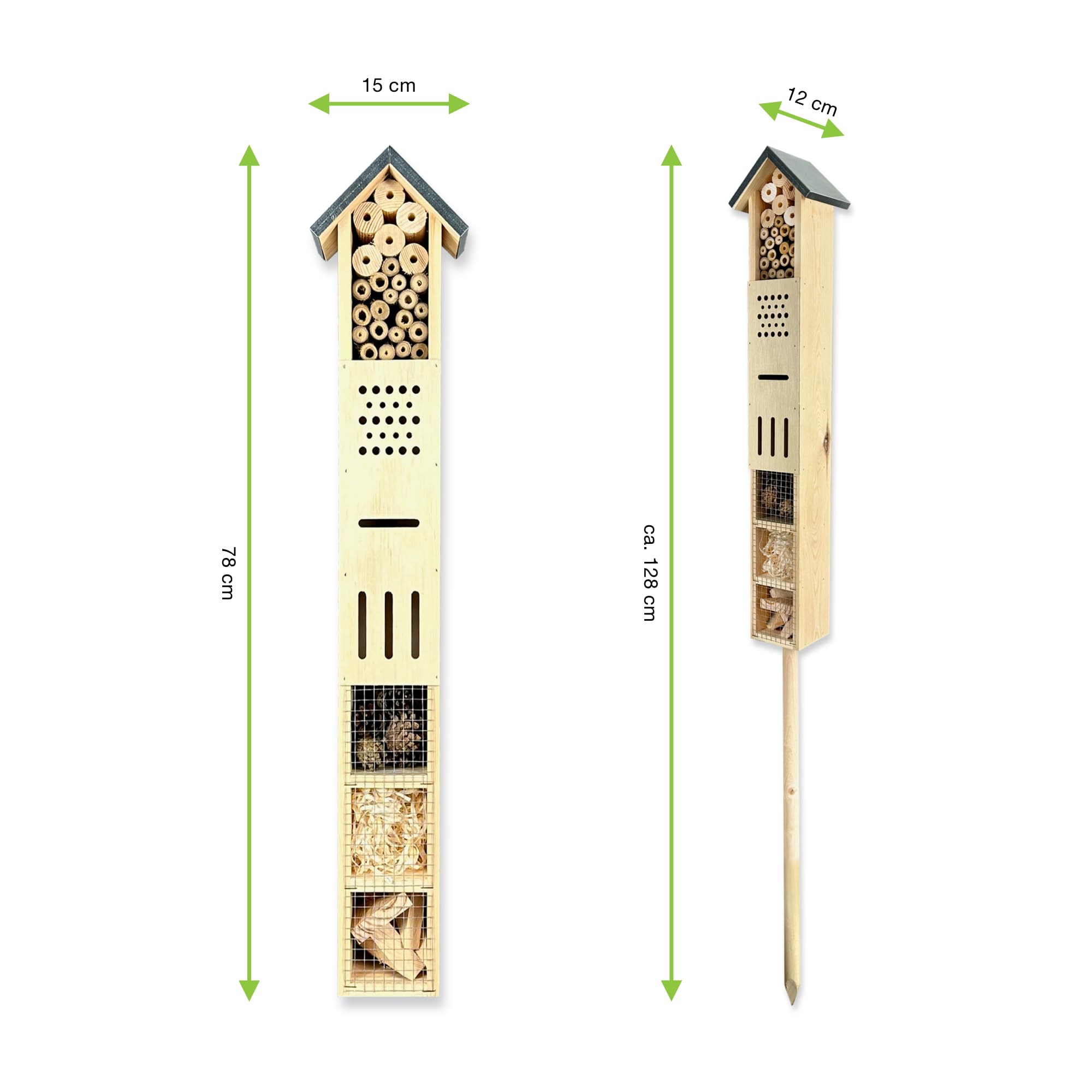 GARTENETAGE Freistehendes Insektenhotel aus Holz mit Erdspieß – Ideal für Wildbienen, Schmetterlinge & Co – Wetterfest mit Bambusrohren, Tannenzapfen & Holzwolle – Fördert Bestäubung & Artenvielfalt