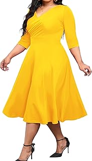 CLOCOR Women's Plus Size Midi Dress 3/4 Sleeve A-Line Swing Dress V Neck Flowy Casual Dresses Price In India