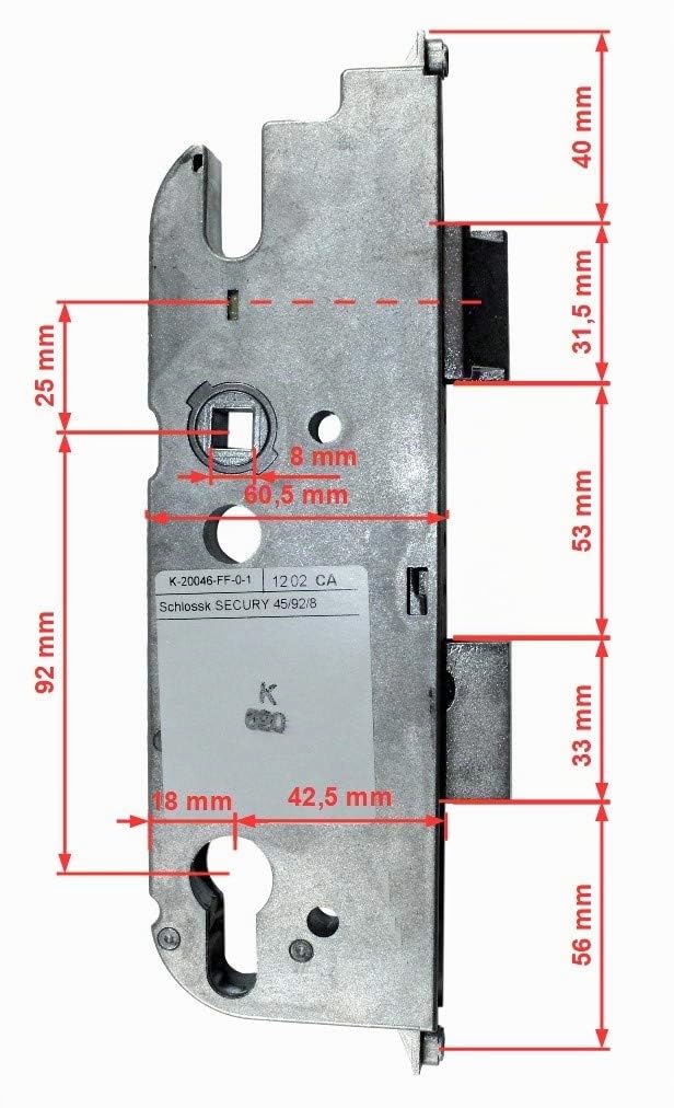 GU Secury Reparatur Schlosskasten Hauptschloss 6-32006-01-0-1 oder auch K-20046-FF-0-1, Dornmaß: 45mm (42,5mm) / Entfernung: 92mm, incl. SN-TEC® Montagematerial & SN-TEC® Montageanleitung