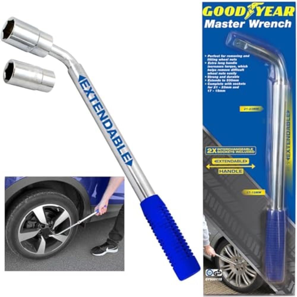 Goodyear Wheel Master Wrench Perfect for Removing and Fitting Wheel Nuts| Strong and Durable| Extends to 530mm| Complete with Sockets for 21-23mm and 17-19mm|Extra Long Handle Increases Torque