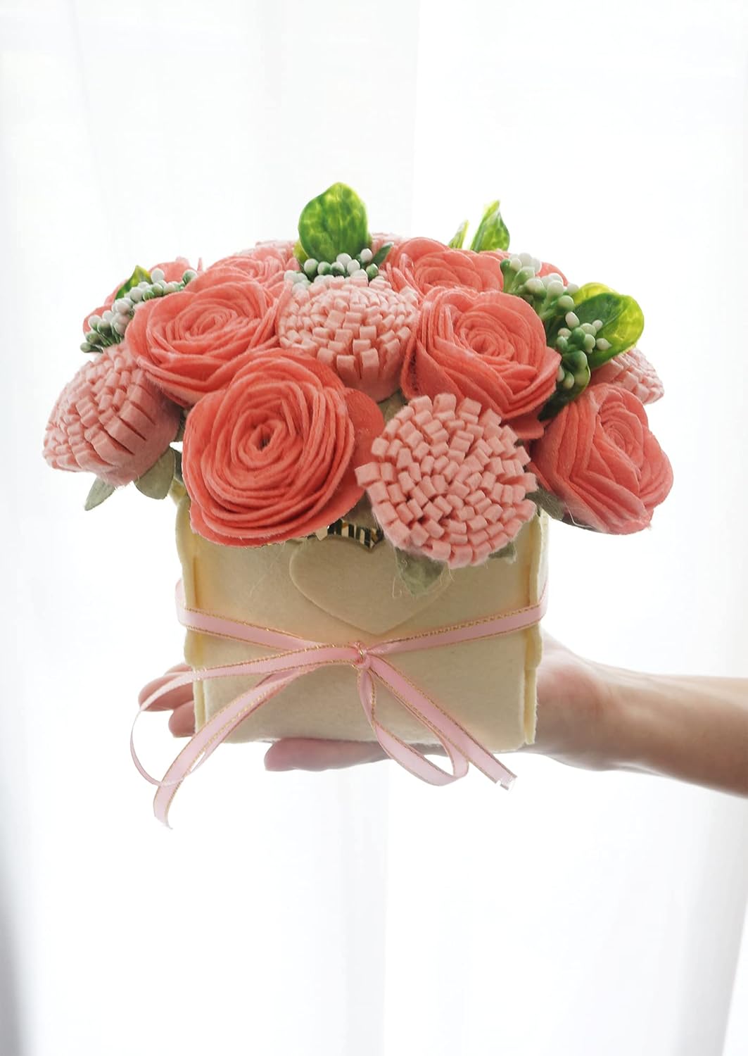 BAZIMA DIY Felt Flower Art Craft Kit, Pink Rose and Carnation Pot Bonsai Kit, Floral Gifts, Beginner Craft Kit, Arrange Pre-Cut Flowers and Foliage - Image 5